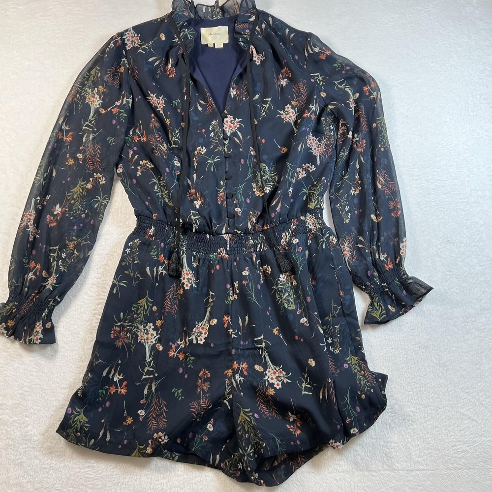 Elevenses Anthro Romper Womens Small Blue Floral Chiffon Long Sleeve Ruffle Neck